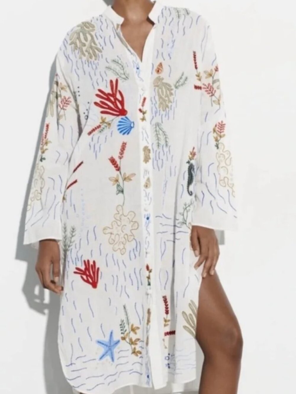 Zara Sea Motif Beach Embroidered Tunic Dress Cover-up Size Large Womens